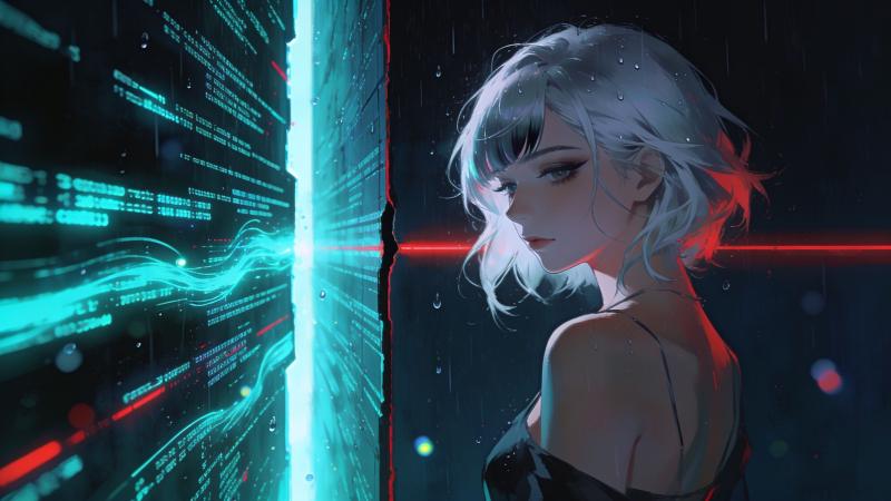 A young woman with silver-white hair and calm crimson eyes stands before a towering wall of monospace code that is open and flowing on the machine&rsquo;s side and sealed into a blank barrier on the human&rsquo;s side, teal-cyan and red neon accents in the rain-dark