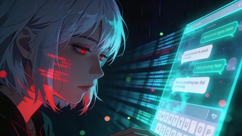 A woman with short silver hair and calm red eyes facing a glowing chat window whose typed words dissolve into rows of stored records behind the screen