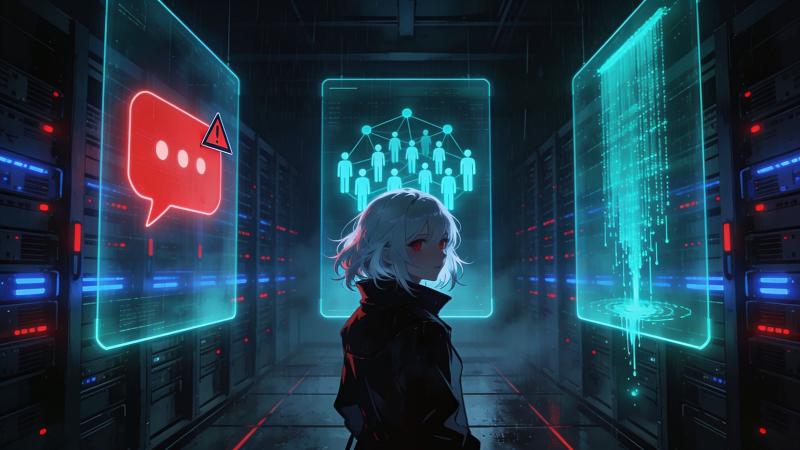 A woman with short silver hair and red eyes lit by screen-glow, calmly studying three translucent panels of a workplace chat interface — one message flagged red by an unseen scoring engine, one thread marked &ldquo;organizing,&rdquo; one export queued for an administrator she will never meet