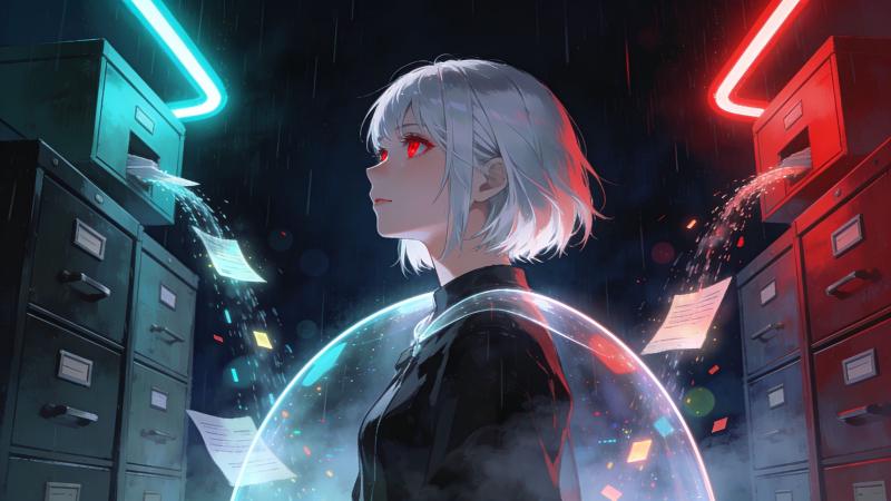 A woman with short silver hair stands calmly before a wall of government filing cabinets spilling glowing documents into the open, building a translucent shield around herself