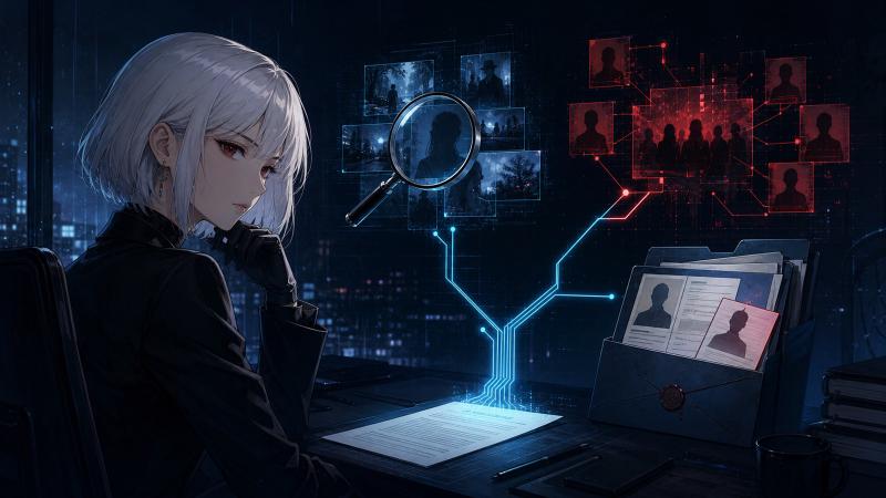 A silver-haired analyst traces cyan lines from a job application toward a public search, an amplified identity cluster, and a dossier containing a mismatched record