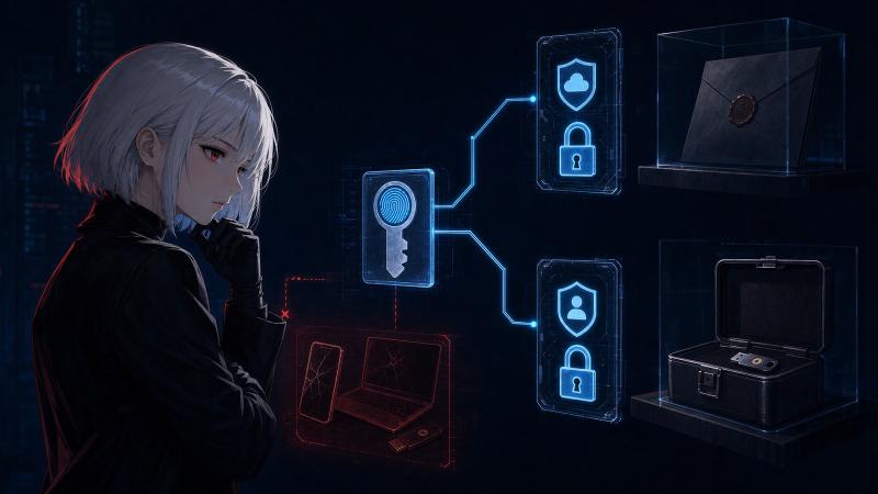 A silver-haired analyst studies a passkey branching toward two separate locks while lost daily devices sit in red shadow and offsite recovery codes and a spare key remain protected