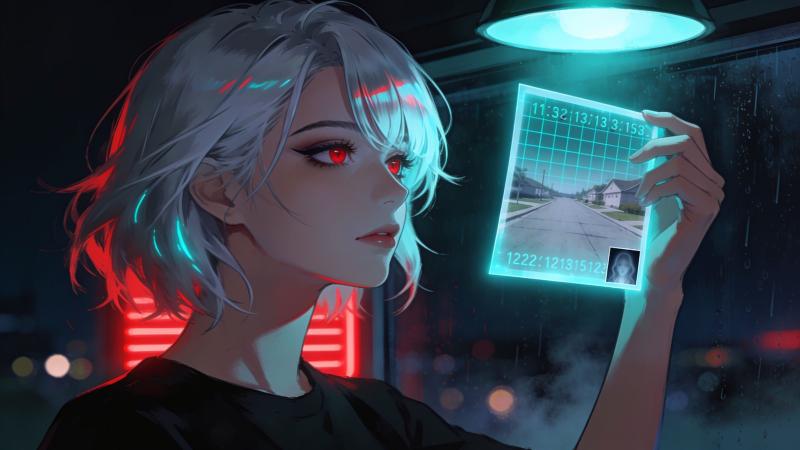 A woman with short silver hair and red eyes examining a translucent photograph held up to the light — behind the image, a hidden lattice of coordinates, serial numbers and a miniature duplicate of the picture glowing inside the file itself