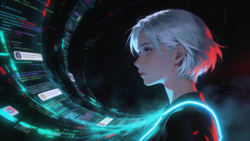 A woman with short silver hair in profile, calmly facing a swirling stream of glitching social-media posts whose ghostly copies refuse to fade