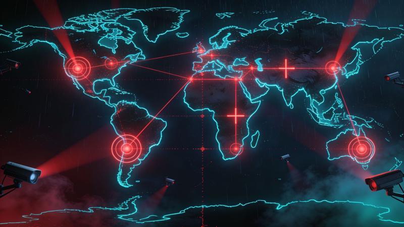 A dark world map traced in cyan light, with red cross-border tracking circles and network lines spanning continents under scattered surveillance cameras — repression reaching across borders