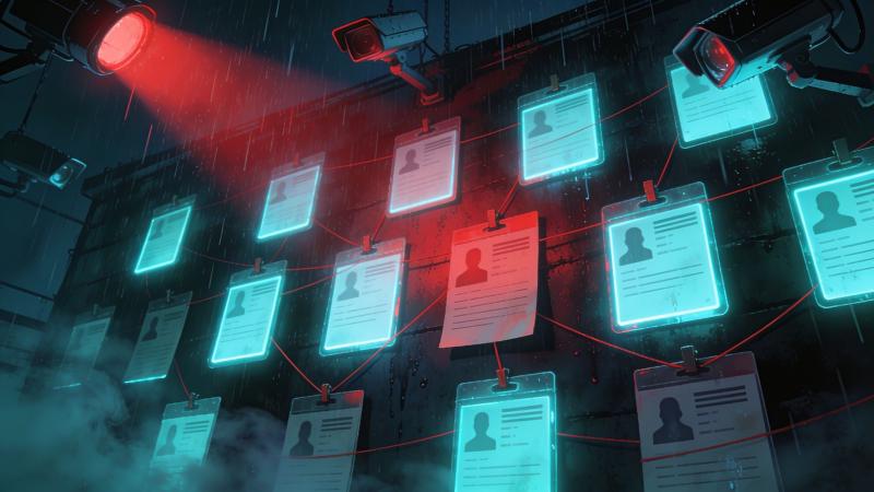 A dark wall of glowing personal-data dossier cards reduced to faceless silhouettes, linked by red threads and watched by surveillance cameras under a red spotlight — a mass doxxing campaign
