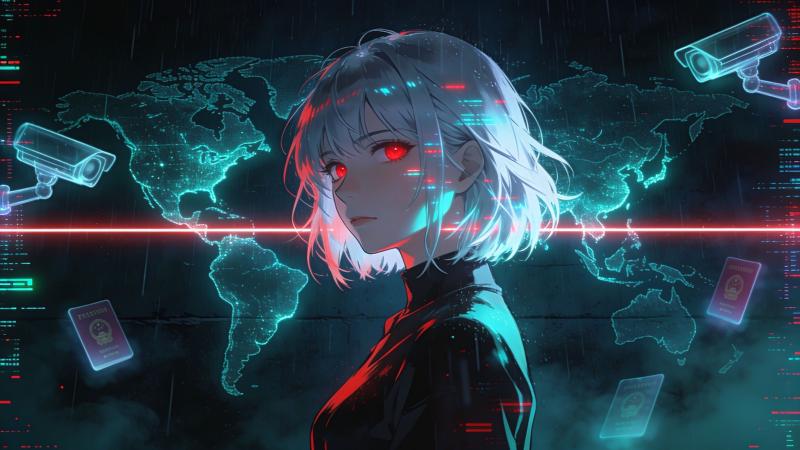 A woman with short silver hair and red eyes, seen in profile against a wall of overlapping passport pages, surveillance-camera feeds, and a single glowing border line — calm while a bounty notice and a doctored photograph dissolve into static at the edges of the frame