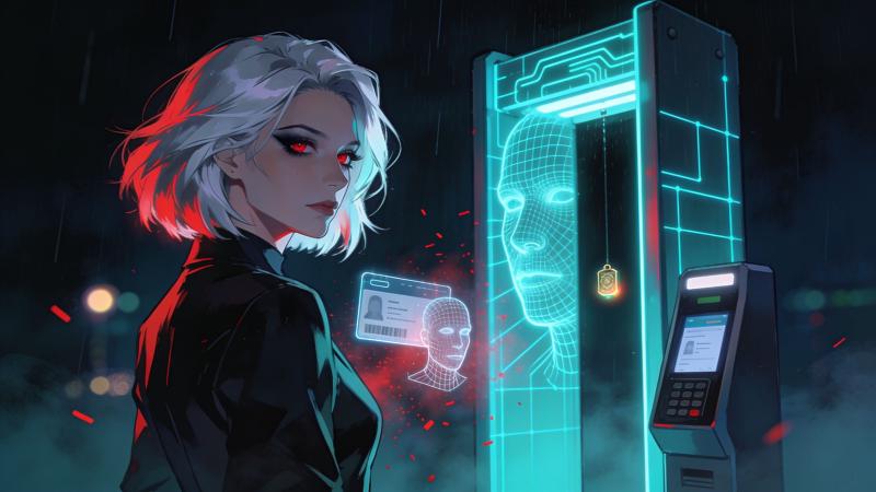 A woman with short silver hair and red eyes stands calm before a towering biometric age-gate of glowing facial-recognition grid lines and an ID-card scanner, while a single cyan token reading only OVER 18 passes through and her name, face, and date of birth dissolve into red static behind the checkpoint
