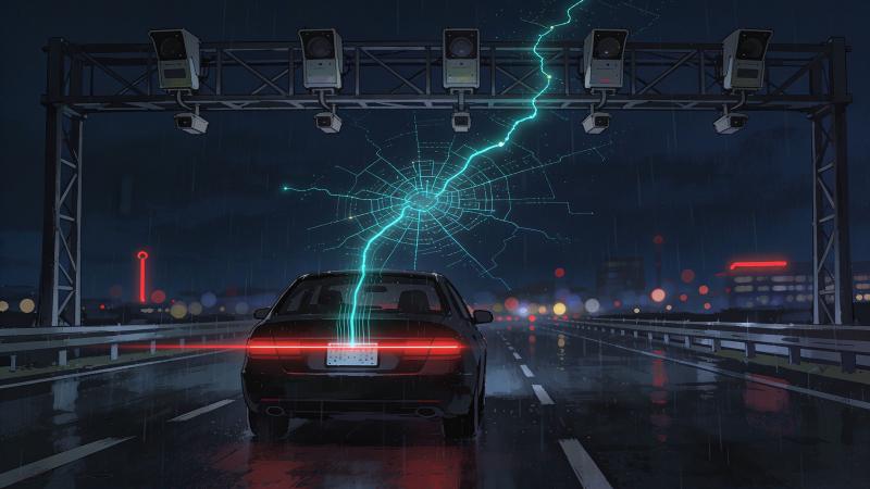 A single car on a dark highway at night passing beneath a row of license-plate-reader cameras, thin red scan-lines catching its plate and resolving into a glowing trail of its past locations across a map, rendered in cyan and red neon against deep navy — no people, no text
