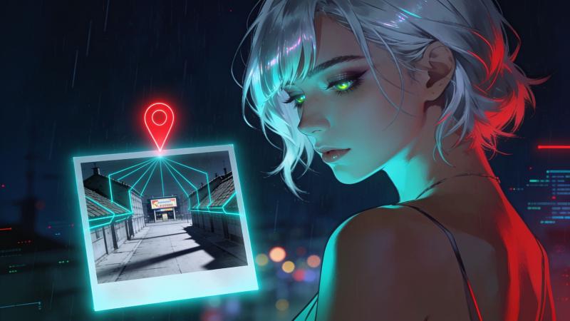 Una mujer de cabello plateado corto y serenos ojos rojos observa una única foto callejera luminosa mientras unas líneas cian trazan los tejados, la sombra y el letrero lejano de una calle vacía, y convergen en un marcador rojo sobre la imagen
