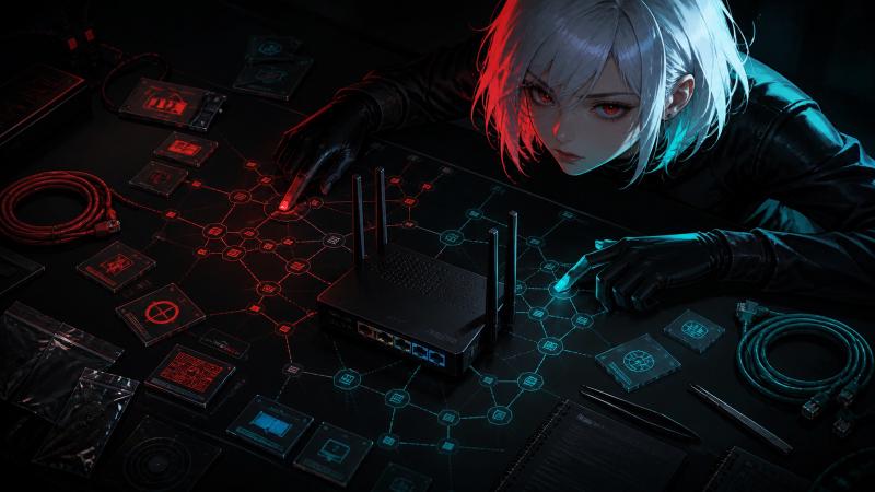 Cora Aegis audita desde arriba un router doméstico y sigue las rutas cian verificadas y las rutas rojas aún sin resolver en el mapa de evidencias