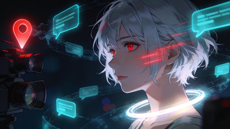 Mujer de cabello plateado corto y ojos rojos, de perfil, iluminada por el resplandor de un equipo de streaming —un aro de luz y un muro de mensajes de chat que se disuelven en una chincheta de mapa y un racimo de objetivos de cámara en el borde del encuadre—, serena frente al ruido