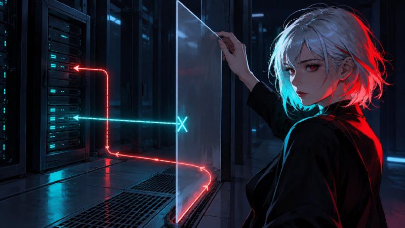 Cora Aegis segura um painel translúcido ao lado de um servidor, com linhas de luz representando diferentes caminhos de acesso