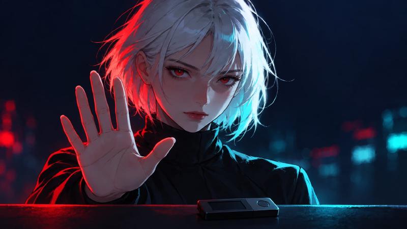 Cora Aegis ergue a mão diante de uma carteira de hardware desconectada, sinalizando uma pausa antes da configuração