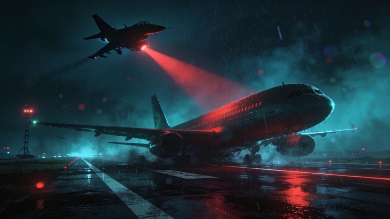 Um avião de passageiros forçado a pousar à noite numa pista escura e reluzente de chuva, um caça inclinando-se no céu e um facho vermelho de controle de tráfego aéreo varrendo o pátio — a interceptação forçada de um voo comercial