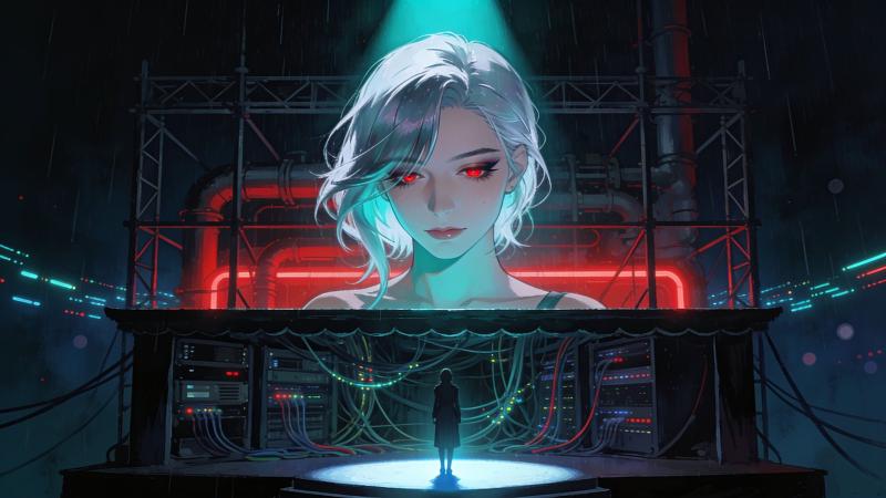 Uma mulher de cabelo branco-prateado e olhos vermelhos serenos está de pé, composta, num pequeno palco elevado sob um holofote; atrás da fina fachada teatral — exposto em ciano-turquesa e vermelho neon sobre um azul-marinho profundo — corre o emaranhado de cabos, racks de servidores e vigas de aço que de fato sustentam o palco