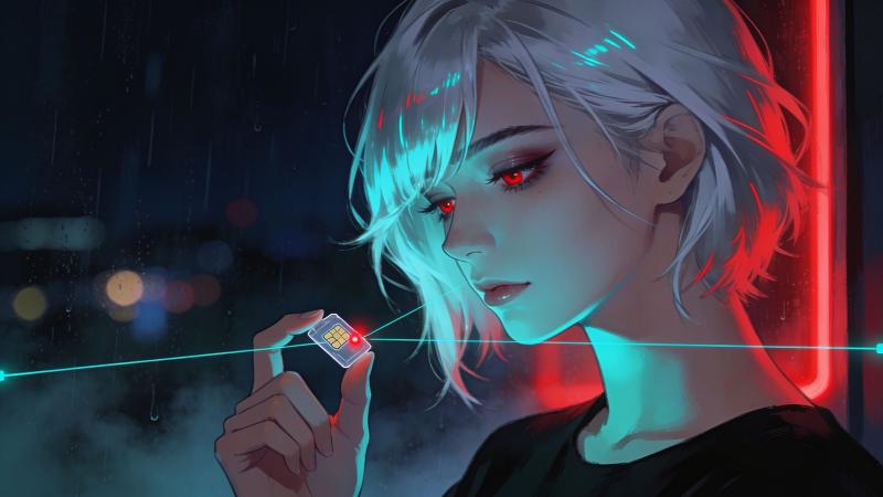 一位银发红眸的女子低头注视着指间的一张 SIM 卡，纤细的身份识别线条汇聚到芯片上的一个红点
