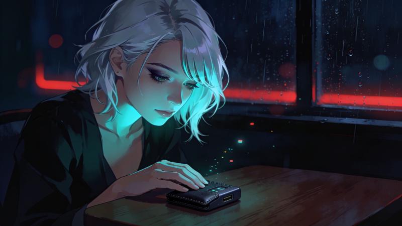一位银色短发、红色眼眸的女性在昏暗光线里坐着,神情沉静,一只手护在桌上一台小小的硬件设备上,身后是青蓝色的微光和一抹淡红霓虹,雨点散落在黑暗中