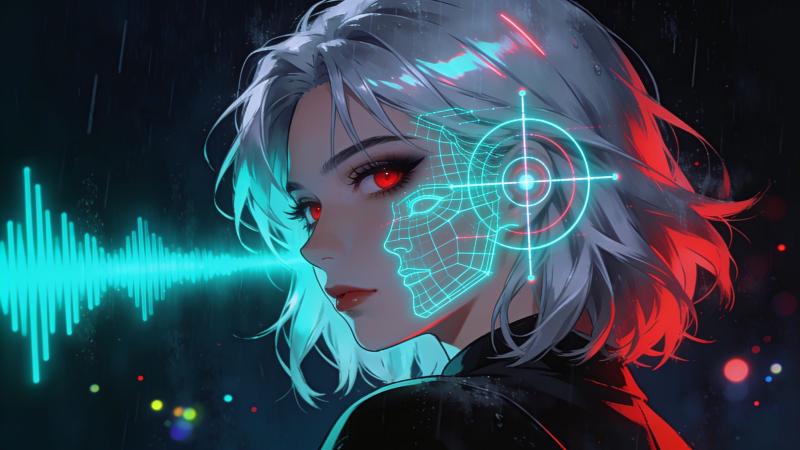 一位银色短发、红色眼眸、神情平静的女性，她的脸在一侧正消融成一道声波和一格人脸识别的网点——同一副五官，被同时画成一把钥匙和一个靶子